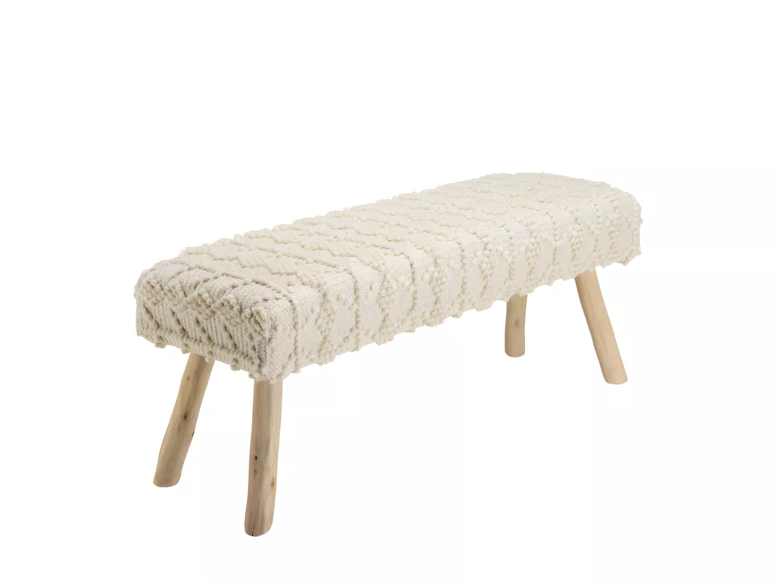 CHARLES - Banc 120x40cm laine motifs losanges couleur ivoire pieds bois