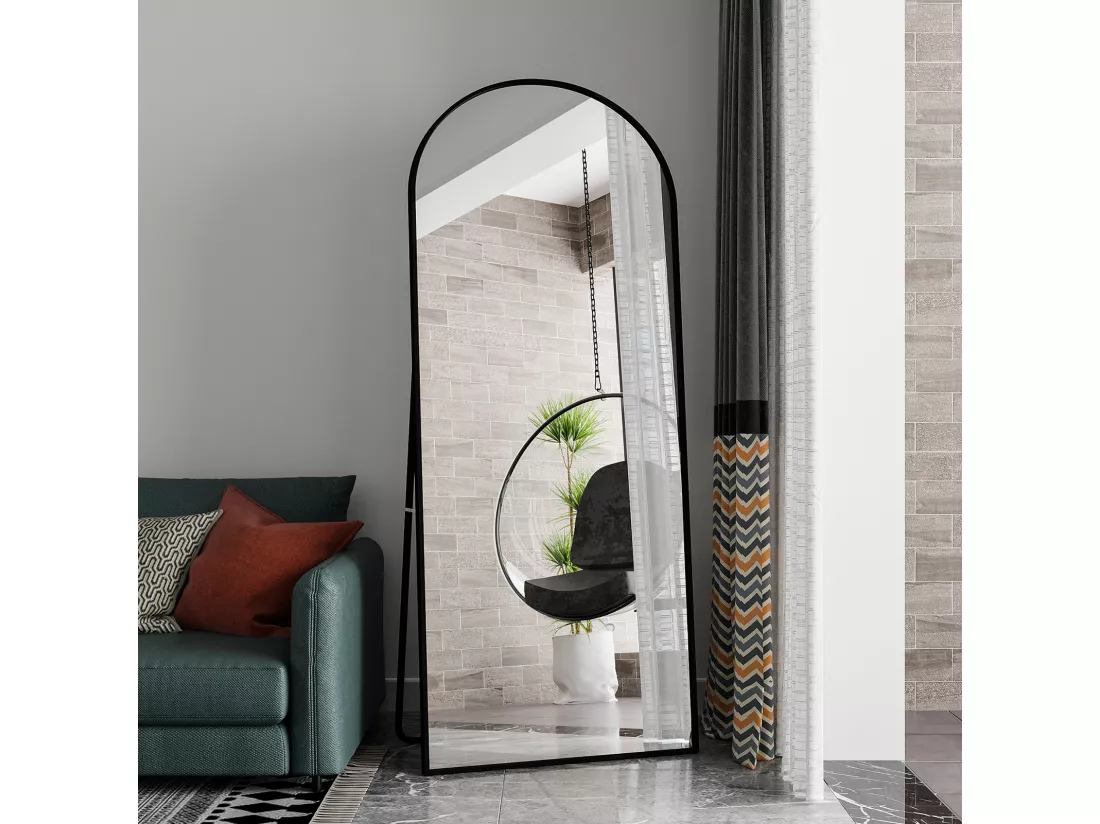 Miroir pleine longueur 180 x 80 cm, sur pied, suspendu ou appuyé, grand miroir de sol avec cadre en alliage d'aluminium noir pour salon ou chambre à coucher, Arc
