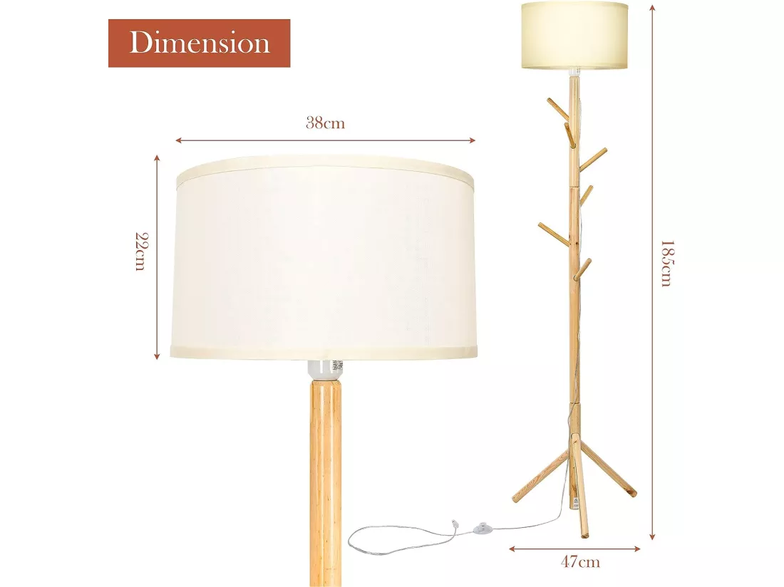 Lampe sur pied 185cm 2 en 1 porte manteau en bois avec 6 crochets