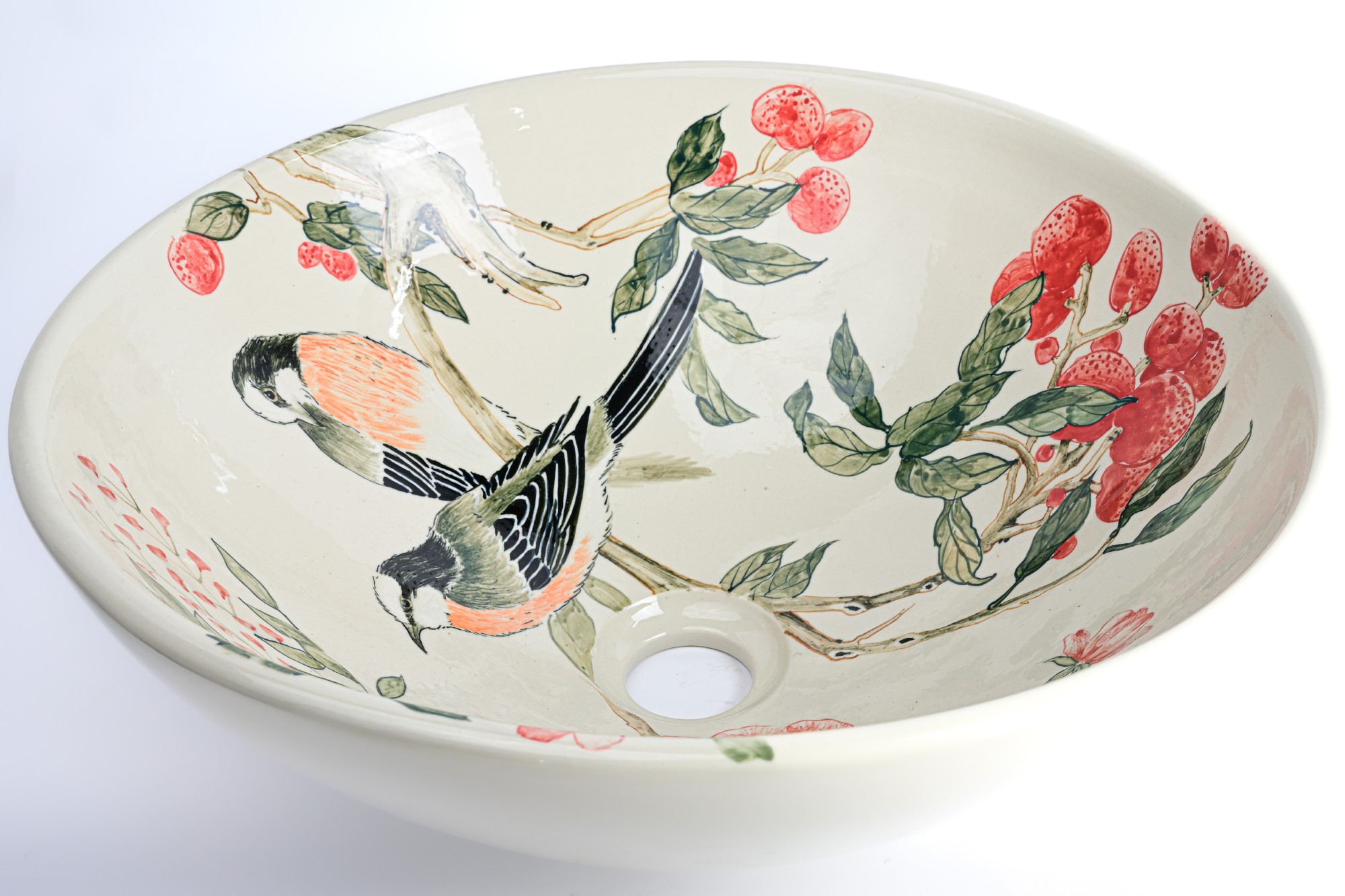 Keramik-Aufsatzwaschbecken 'Rosen & Vögel', Ø 41 cm, H 15 cm von fischer's lagerhaus
