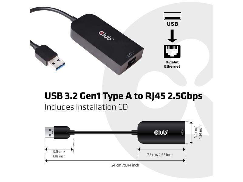 Club 3D Adapter USB 3.2 Gen1 Type A auf RJ45 2.5Gbps USB 3.2 Gen1 Typ A auf RJ45 2.5Gbps Adapter