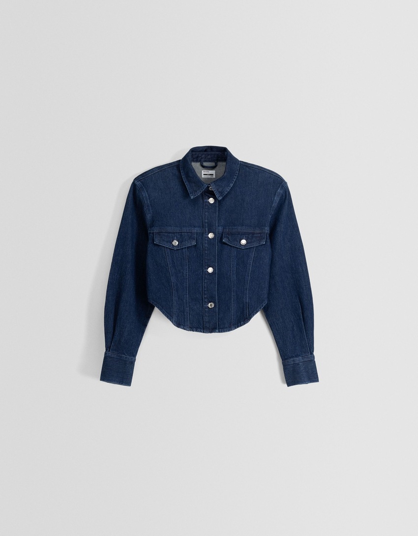 Jaqueta jeans cropped com ombreiras