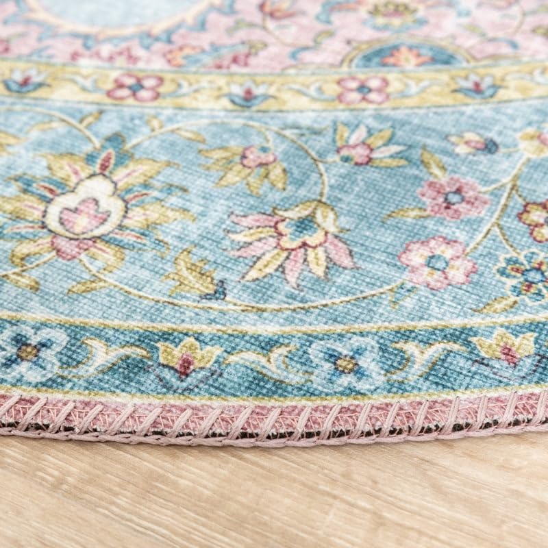 FRAAI | Home & Living Teppich Vintage Rund - Lily Medaillon Hellblau Türkis - Baumwolle, Polyester - Flachgewebe - Vintage - Wohnzimmer, Esszimmer, Schlafzimmer - Carpet
