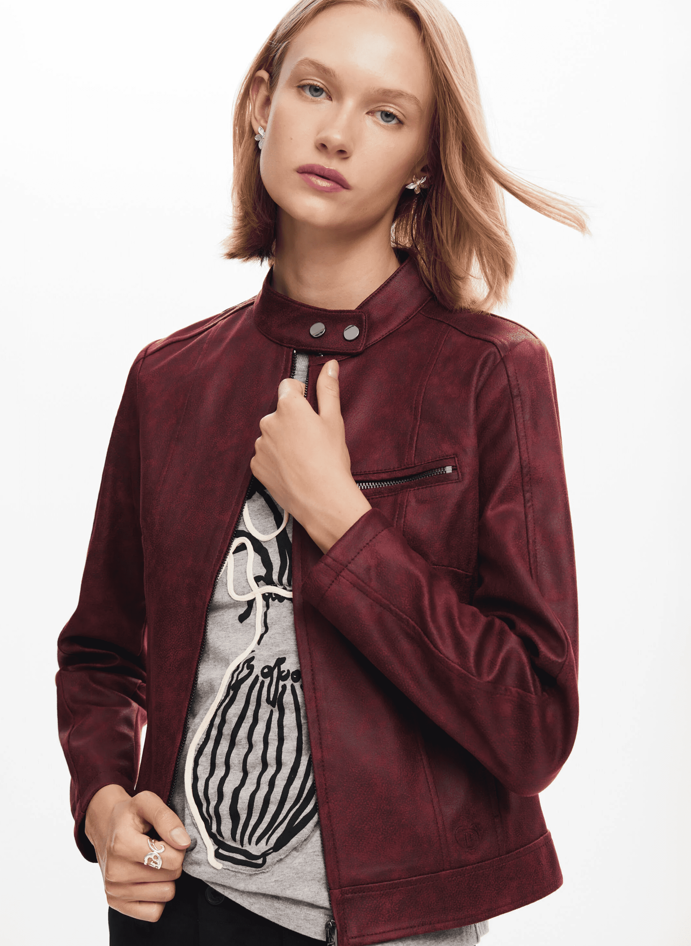 Veste droite biker effet cuir| Rouge