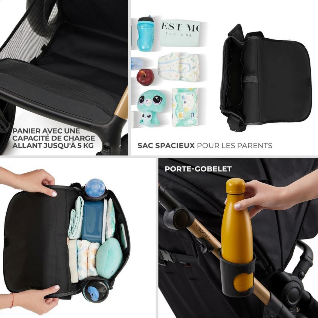 Poussette 3-en-1 Kinderkraft MOOV2, système de voyage de la naissance à 27 kg, siège auto Mink PRO I-Size inclus, pare-soleil extensible avec filtre UPF50+, accessoires pratiques, gris