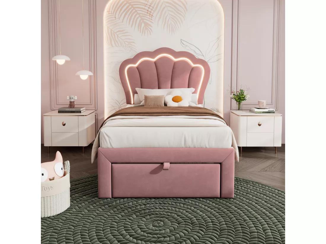 Lit 90x190 cm en velours avec tiroirs et LED de contrôle APP - Rose