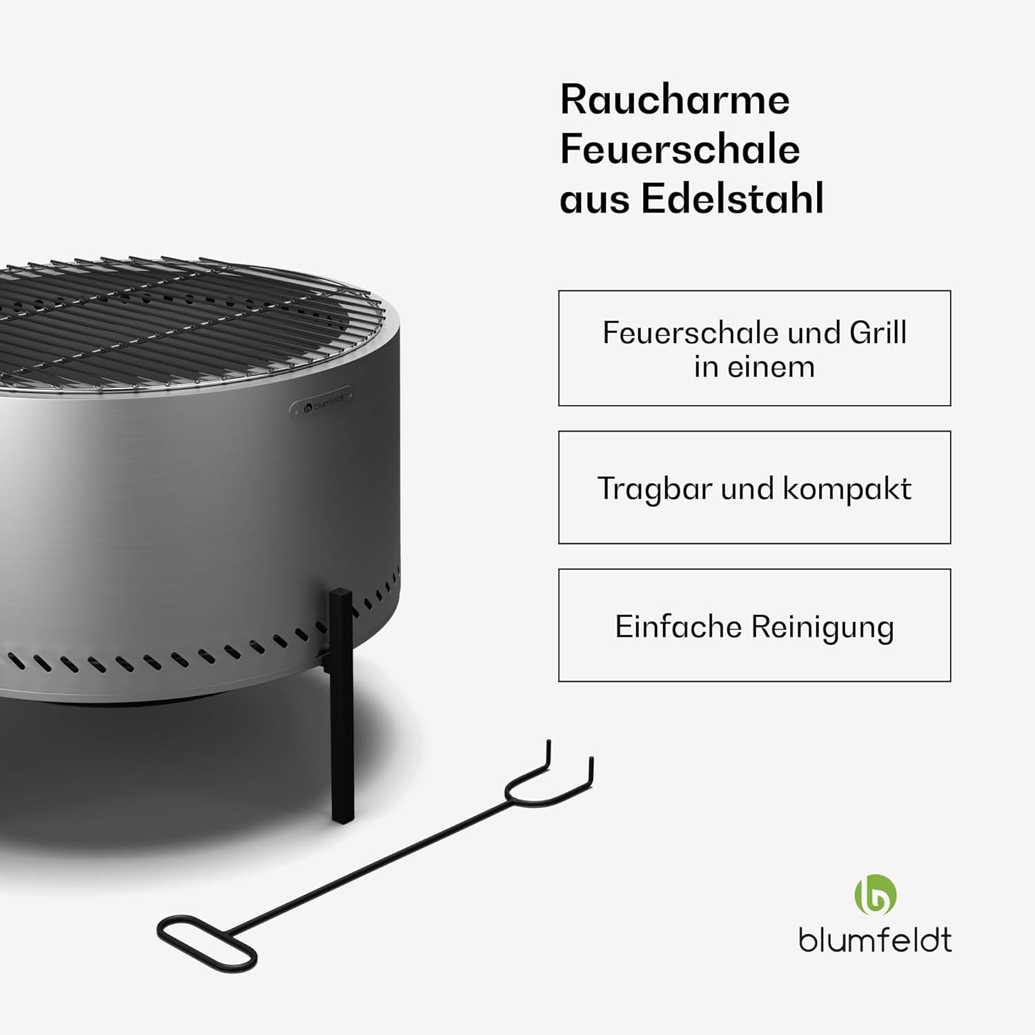 blumfeldt Ignite Pure Feuerschale - Fast Rauchfrei, Edelstahlrahmen, Tragbar & Kompakt, Inkl. Grillrost & Regenschutz, Leicht zu Reinigen, Perfekt für Garten & Camping