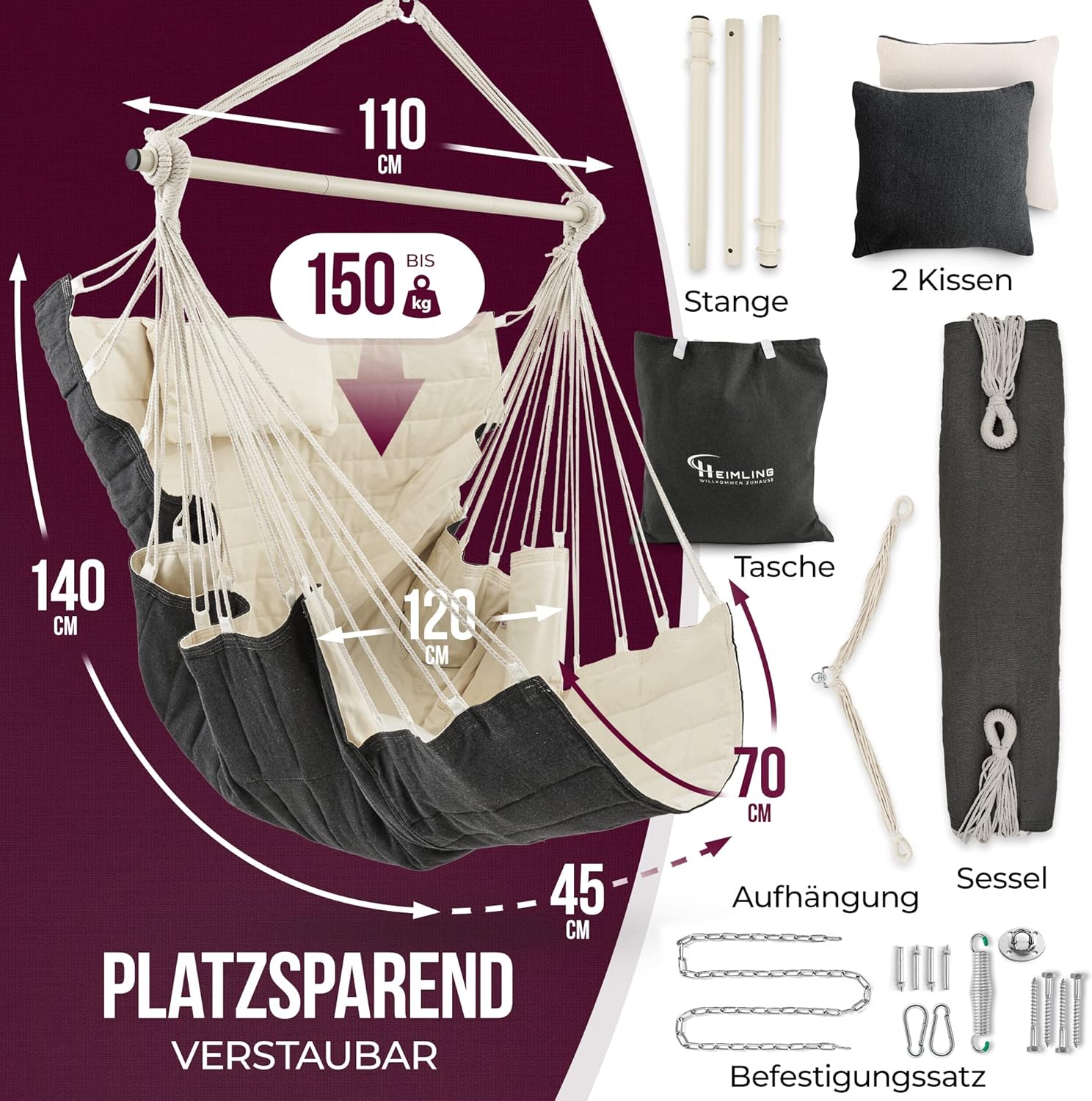 Hängesessel High-Class Outdoor & Indoor XXL [All Inclusive Paket mit Aufhängung + 3 Kissen] Kinder & Erwachsene bis 150 kg | Hängematte Wohn- Schlafzimmer, Garten Balkon Terrasse
