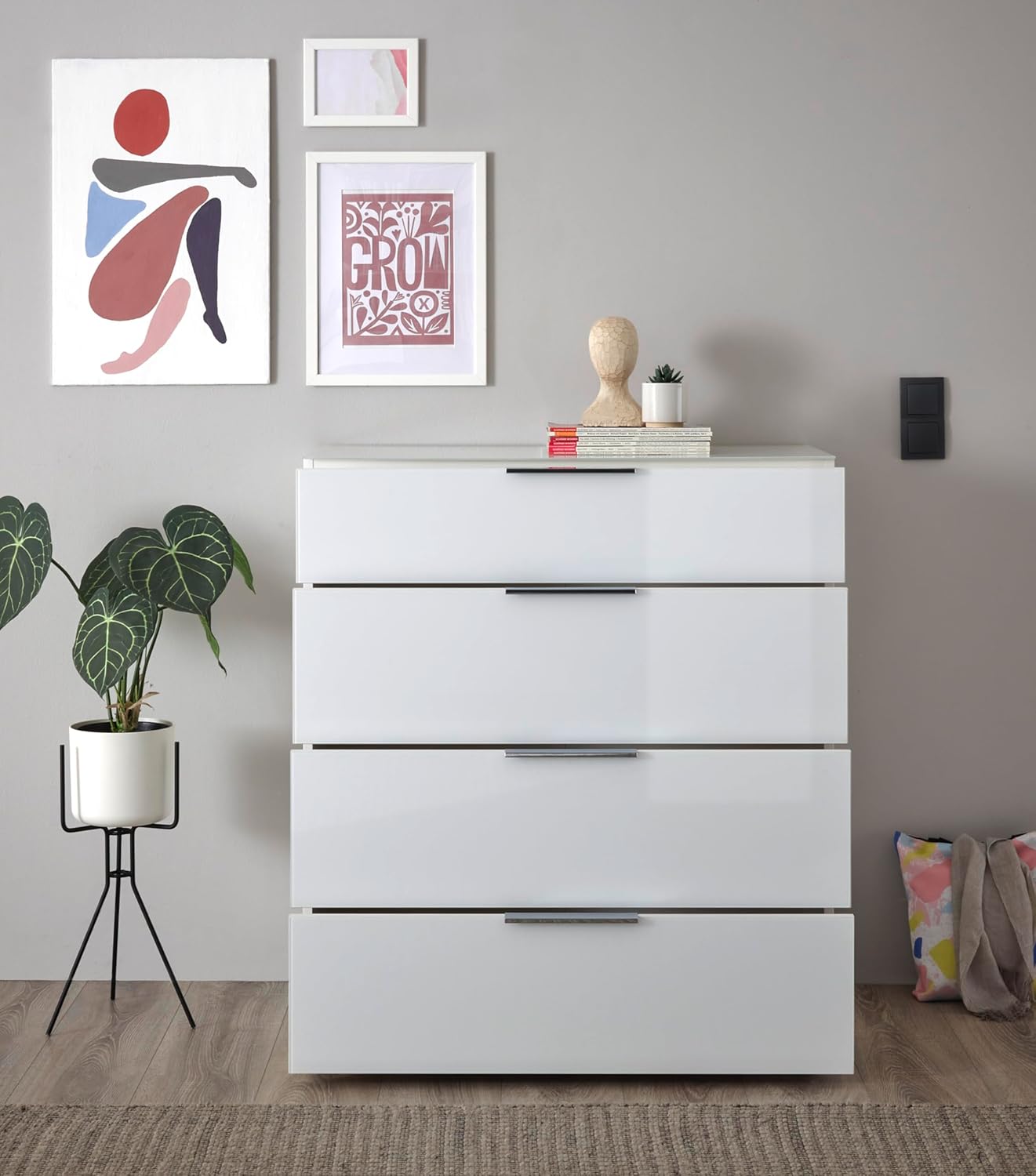 Kommode SANTORIN weiß mit Glasfront, Schrank Korpus in weiß mit Oberboden in Glas und Schubladen für Ihren Wohnbereich - 90 x 99 x 40 cm (B/H/T)