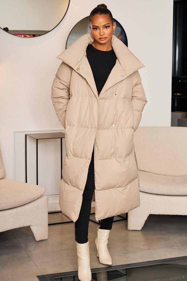 Doudoune longue beige foncé ceinturée