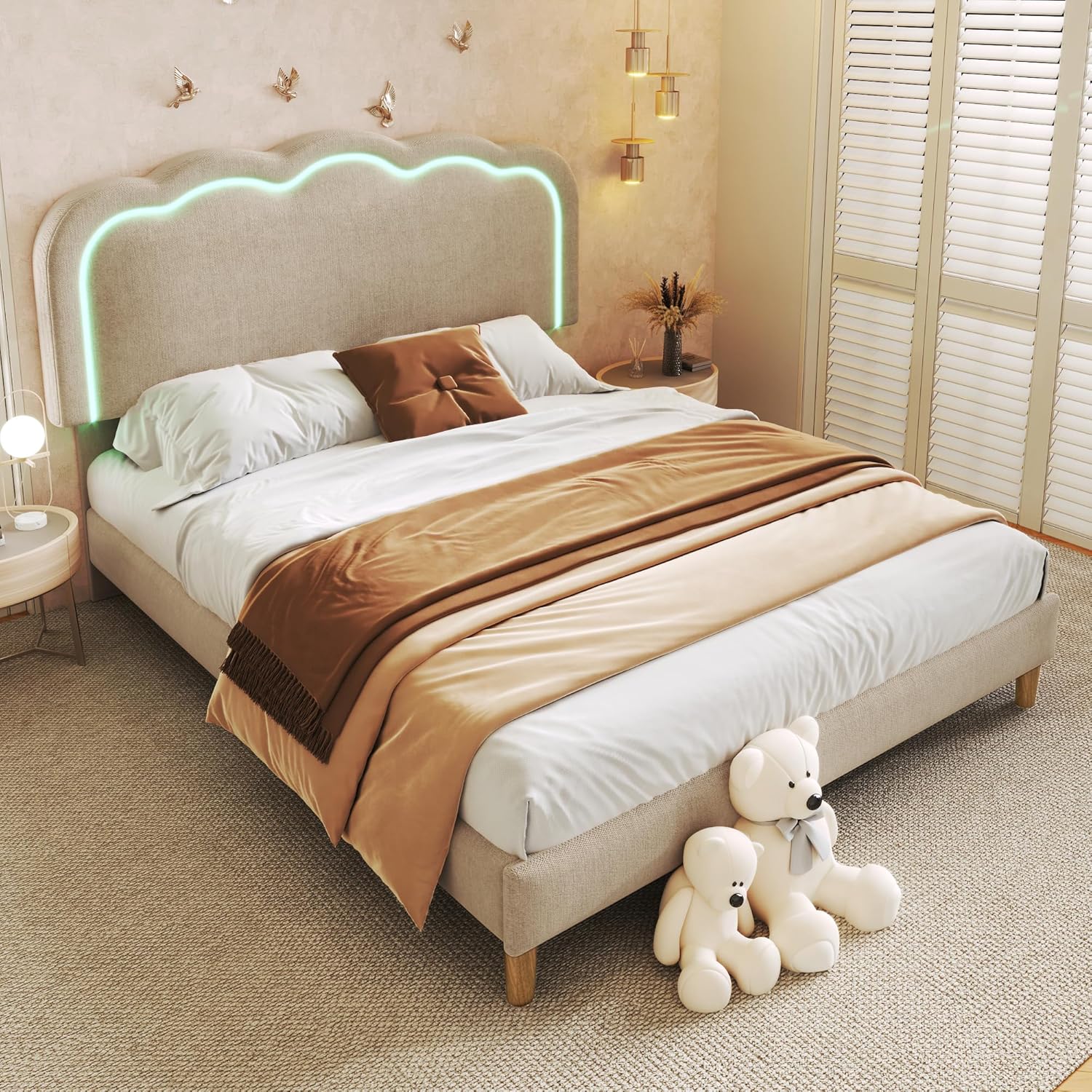 Polsterbett Bett 140x200 cm mit LED-Licht, Doppelbett Bettgestell mit Verstellbares Kopfteil, Jugendbett Bettrahmen mit Rückenlehne & Lattenrost für Schlafzimmer, ohne Matratze, Leinen, Beige