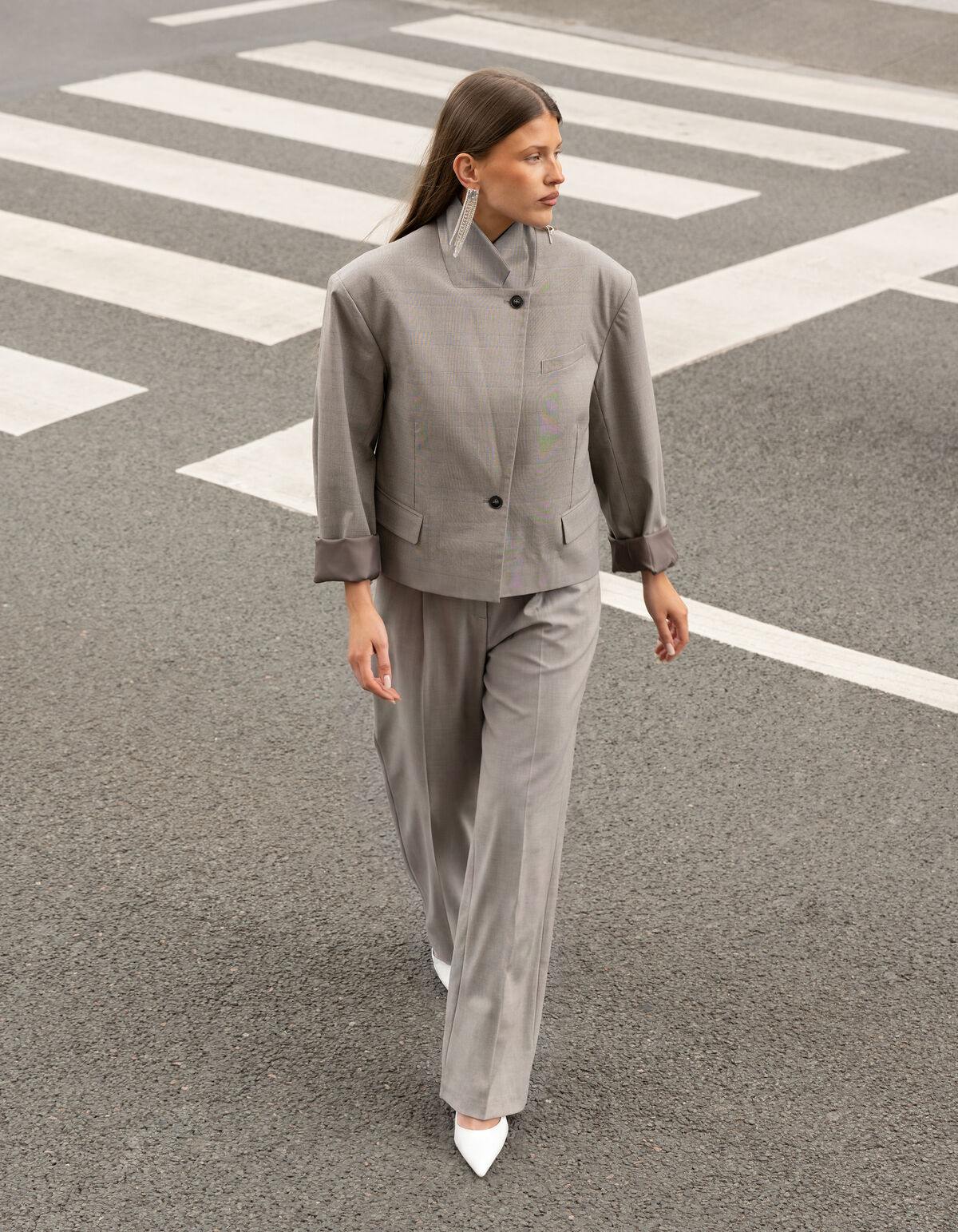 Ruiten Cropped Blazer Lichtgrijs