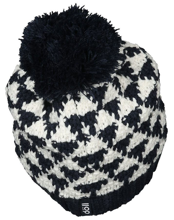 Strick-Mütze PINK ROSE – DREIECKE mit Bommel in navy/wollweiß