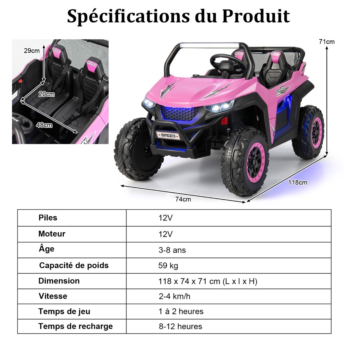 Voiture électrique Enfant 12 V Télécommande pour 3-8 Ans 2 Vitesses Ressort de Suspension Charge 59KG 118x74x71CM Noir/Rose/Rouge - Lidl-Manfred