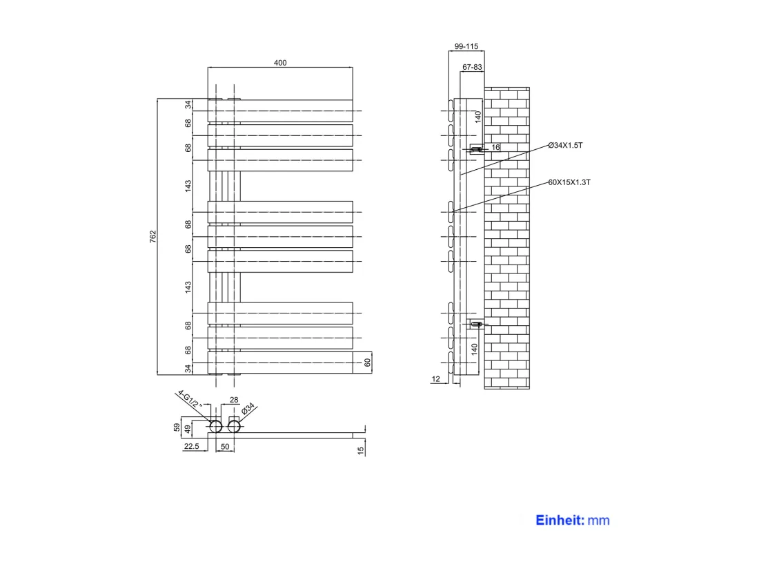 EMKE Sèche-serviettes à Eau Chaude Panneau Plat, Sèche-serviettes connexion latérale pour, Noir 752x400mm 342Watts