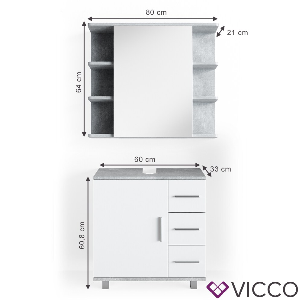 VICCO Badmöbel Set ILIAS Weiß Beton Bad Spiegel Kommode Unterschrank Badschrank