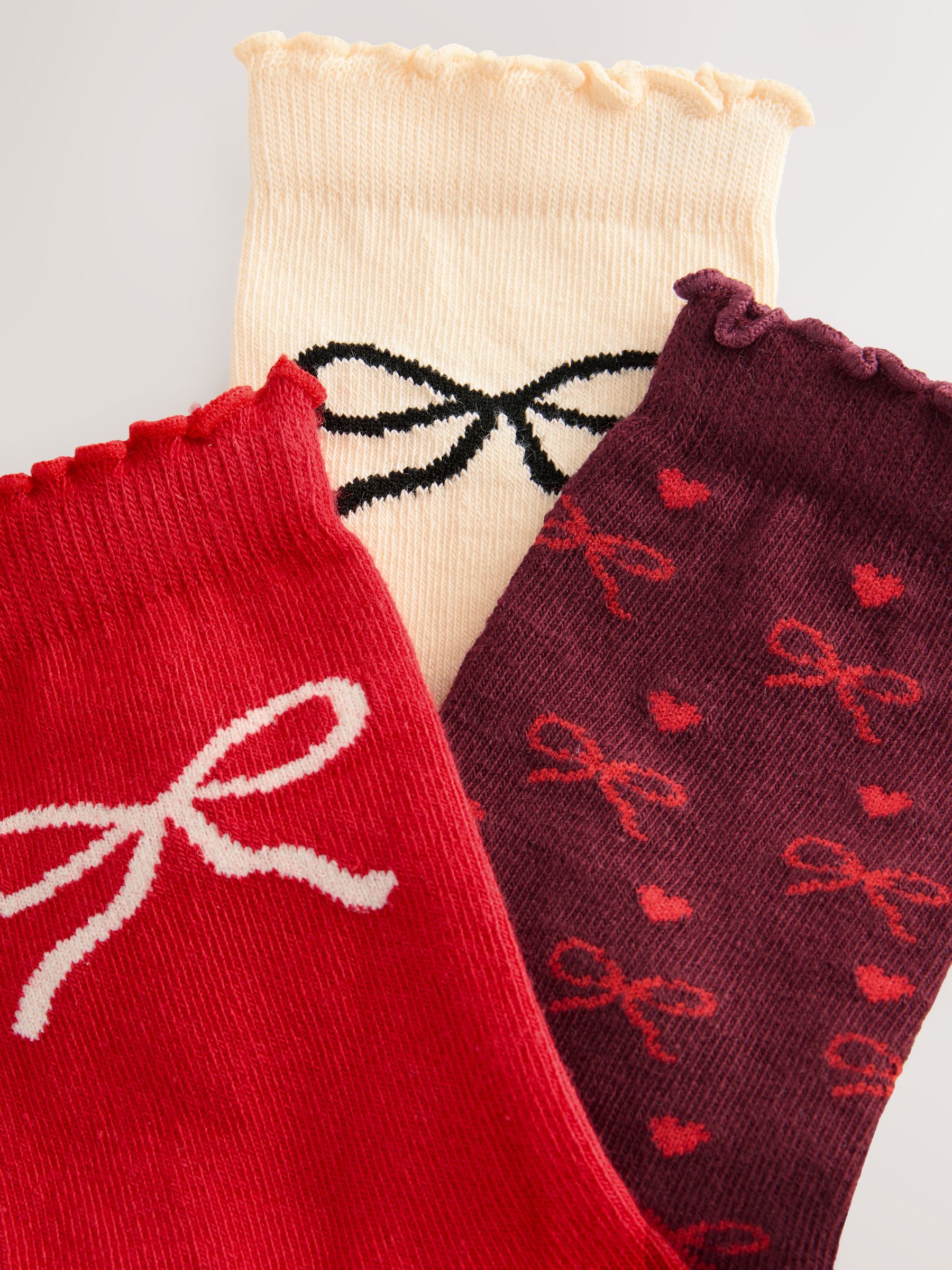 Rood en ecru - Cotton Rich Bow Ankle Socks 3 Pack