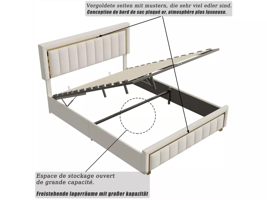 lit double rembourré 160 x 200,lit coffre avec sommier,lit adulte 160 x 200 avec levier hydraulique,velours,beige