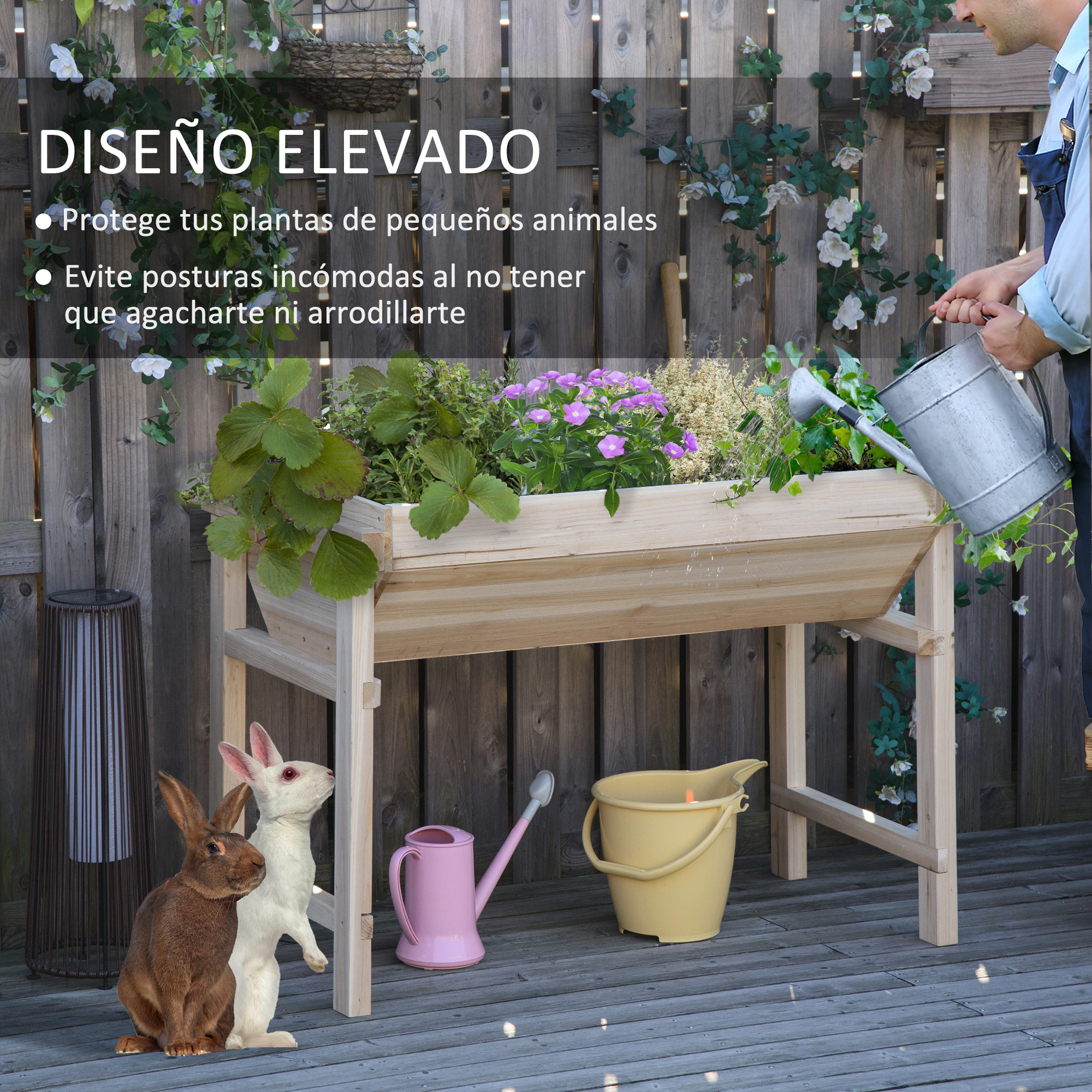 Mesa de cultivo elevada de madeira Outsunny para jardim urbano, 108,5 x 60 x 80 cm, com tecido não tecido e 3 orifícios de drenagem, ideal para jardins, terraços e áreas externas. Suporta até 50 kg. Cor natural.