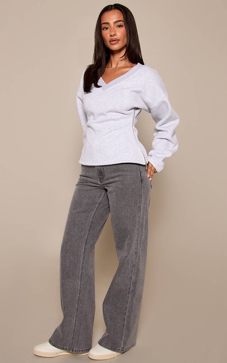 Gris Cendré Sweat-shirt Petite Col V Taille Cintrée
