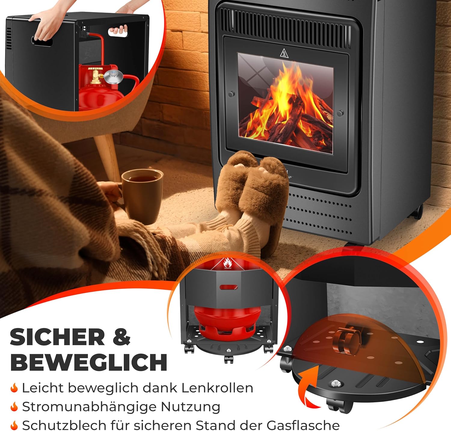 KESSER® Gasheizer Gasheizofen Heizstrahler 3,4 kW Gas Kamin inkl. Gasdruckregler & Gasschlauch, 2 Heizstufen Infrarot 3400W Gasheizstrahler Gasheizung Butan- oder Propangasflaschen bis 11kg Schwarz