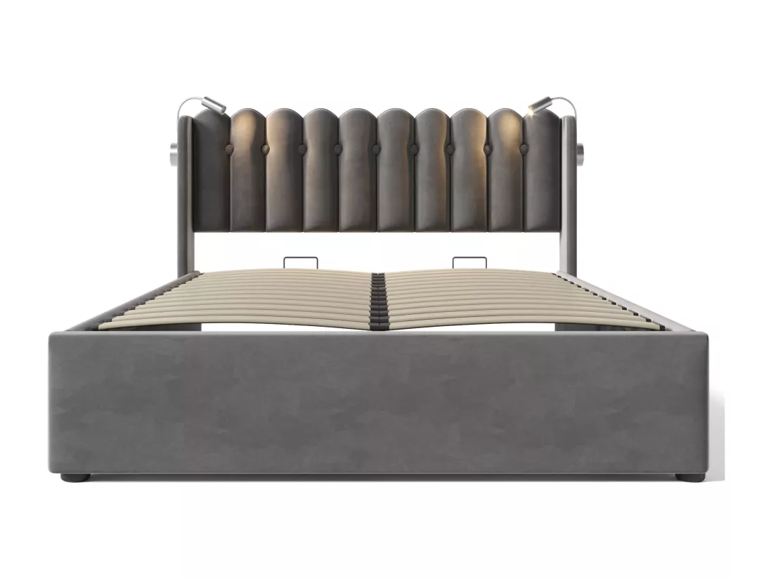 Lit coffre capitonné avec LED et Ports de charge USB - 140x200cm - tissu en velours - avec sommier à lattes - Gris