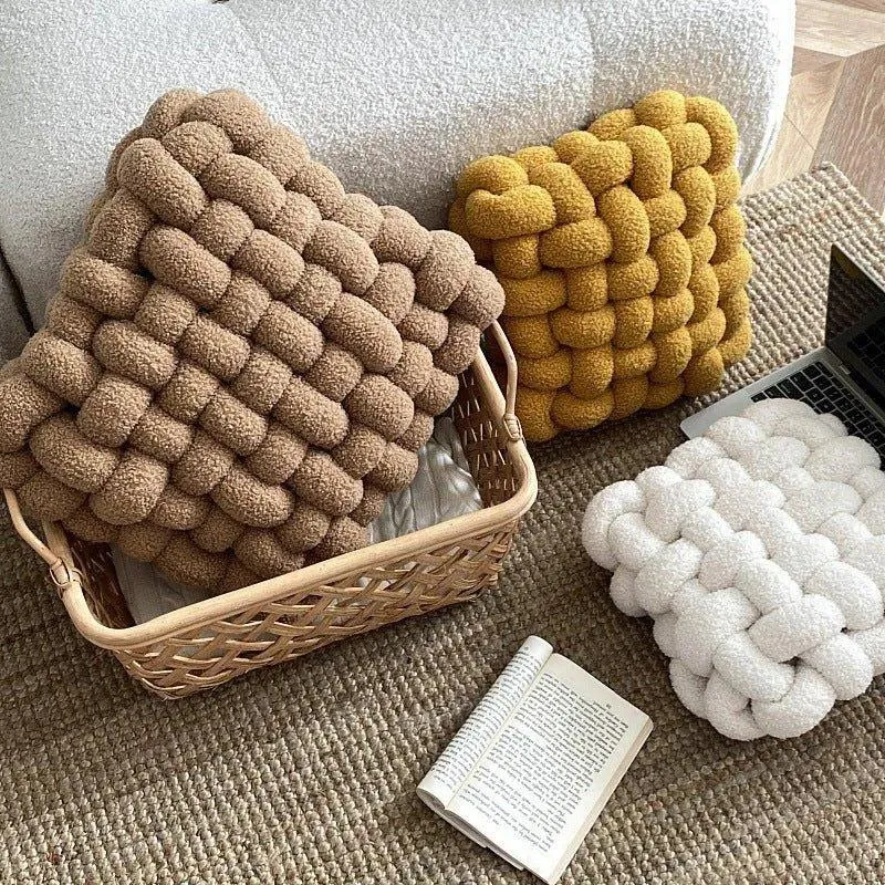 Hand Woven Knot Square Seat Cushion | Wool Solid Color Throw Pillow