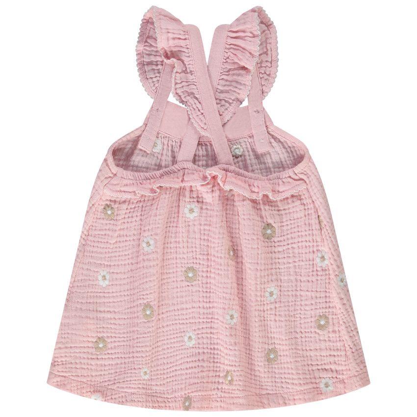 Tunique sans manches en double gaze broderies fleurs pour bébé fille - Rose