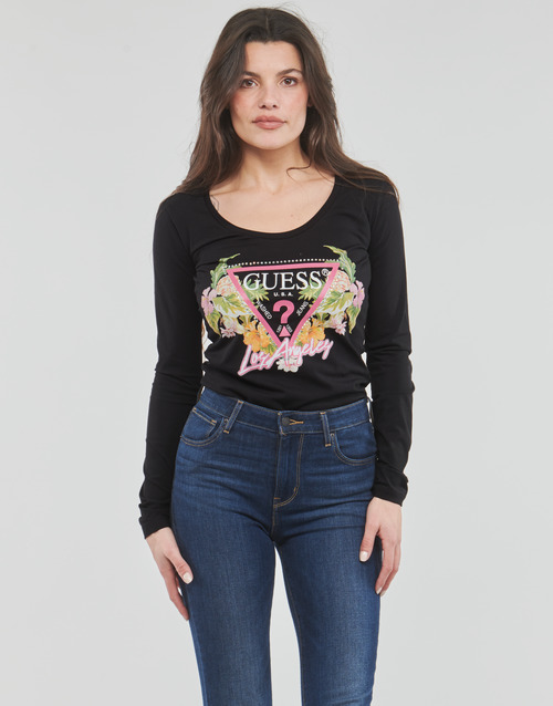 Guess - LS SN TRIANGLE FLOWERS TEE - Noir