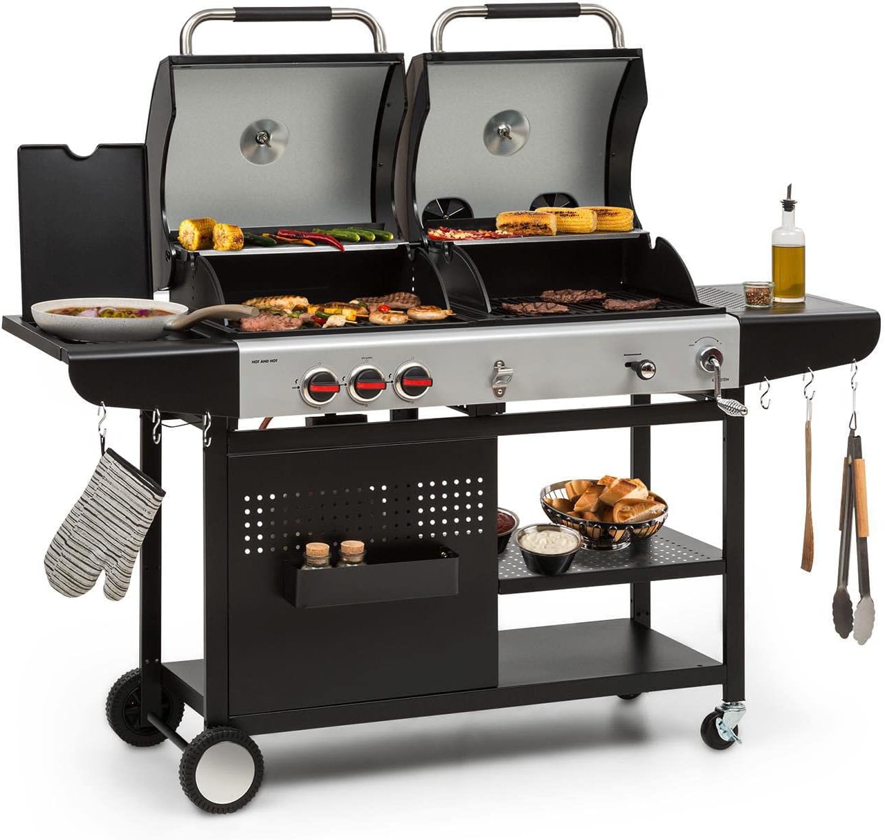 Klarstein Hot & Hot Kombigrill - 2in1-System: Gas-/Kohlegrill, 3 Edelstahlbrenner, Leistung: 8,5 kW, InstantReady Concept, für Gasflaschen bis 11 kg, Piezo-Zündung, pechschwarz