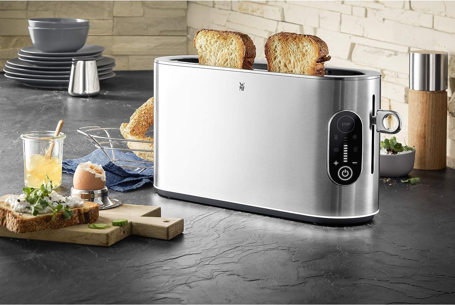 WMF Lumero Toaster 2 Scheiben, Langschlitz mit Brötchenaufsatz, XXL, Einseitiges Toasten, 1-Scheiben-Taste, 10 Bräunungsstufen, Toaster edelstahl matt