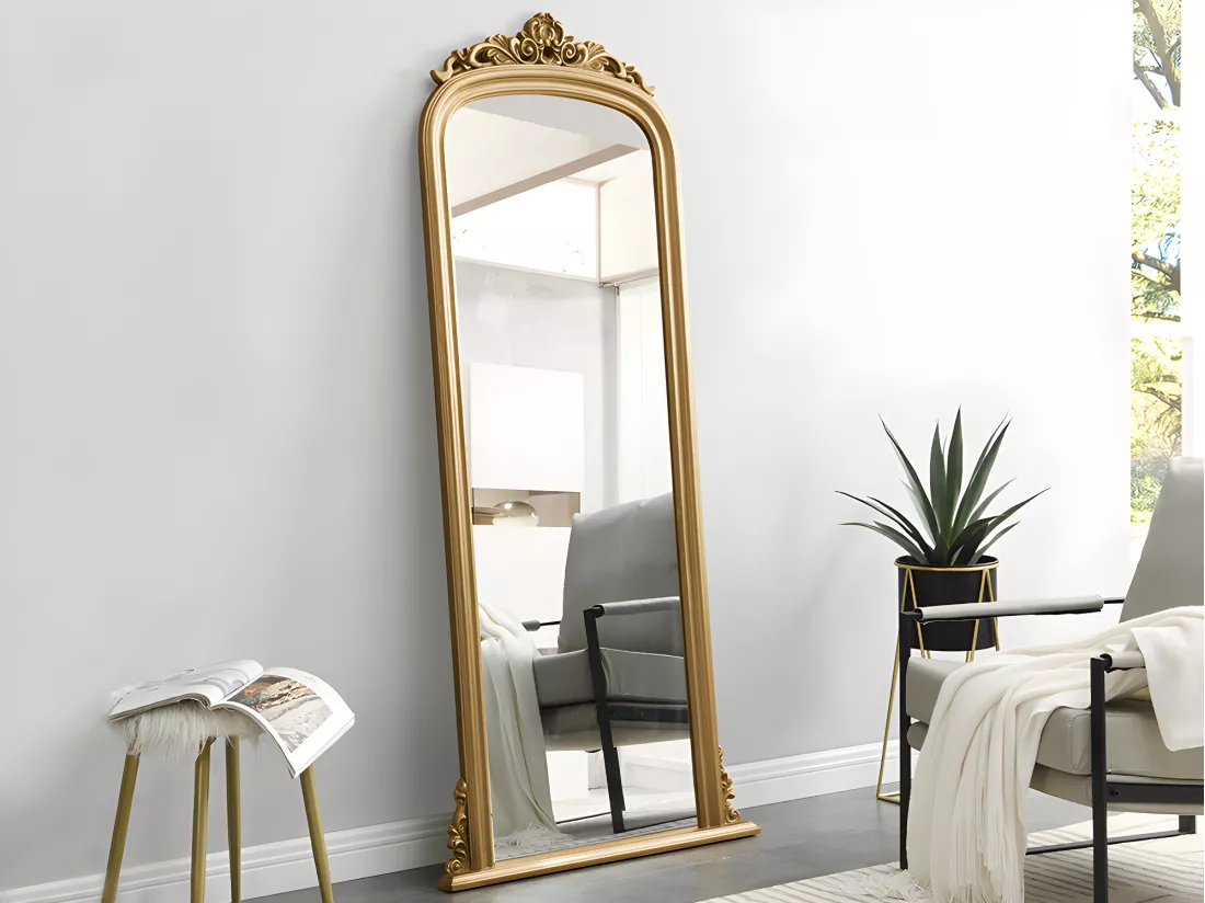 Grand miroir vintage en bois de paulownia - H.180 cm - Doré - MERRY