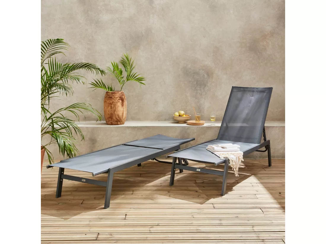 Lot de 2 transats anthracite. 5 positions. en textilène et métal. FLORA. L155 x P59 x H106cm