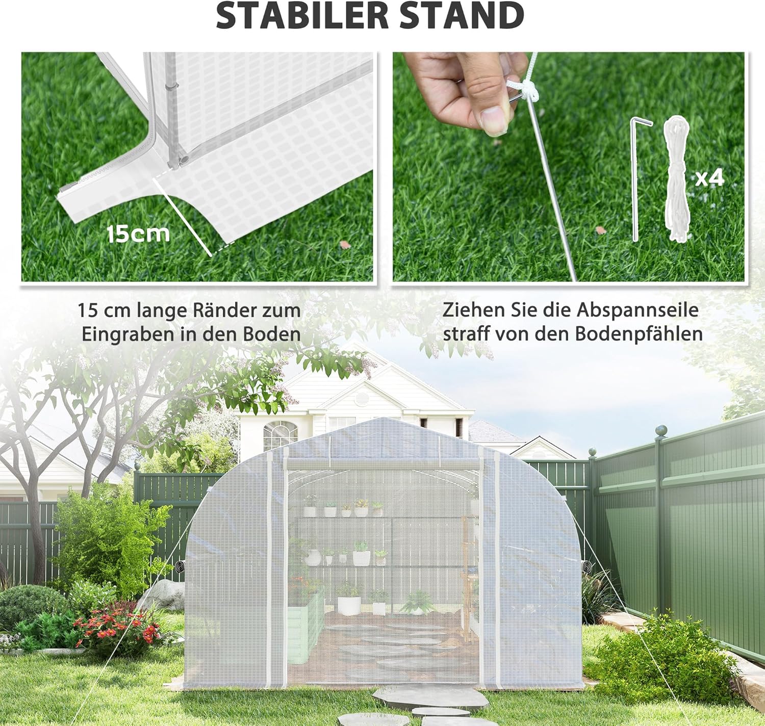 Outsunny Gewächshaus 6 x 3 x 2 m Foliengewächshaus mit 8 Fenster & Tür, Aufrollbar Seitenwänden, UV-beständiger Folientunnel Tomatenhaus mit verzinkten Stahlrahmen, Weiß