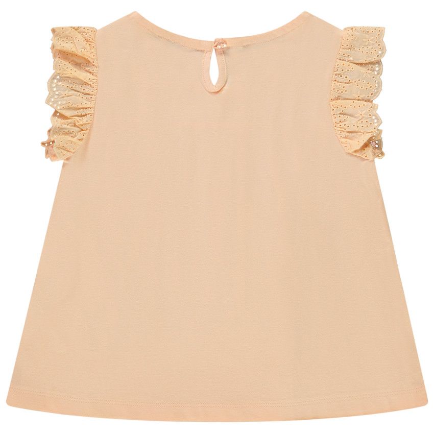 T-shirt manches courtes avec broderie anglaise pour fille - Corail