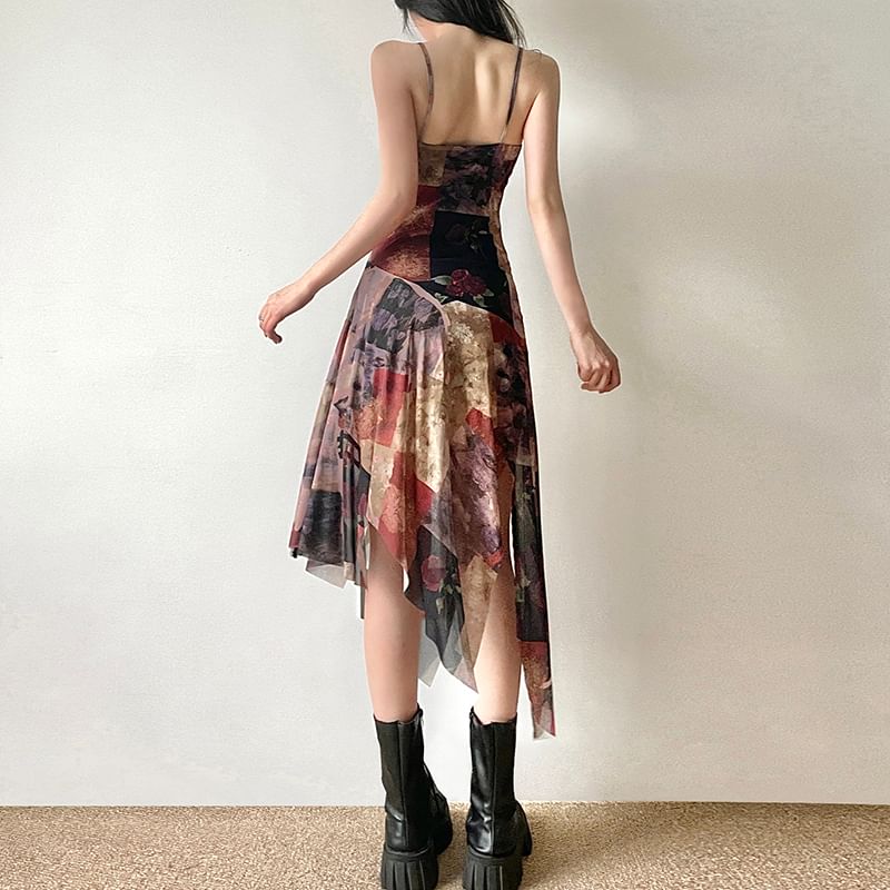Honey River - Asymmetrische mesh midi-A-lijnjurk met spaghettibandjesprint
