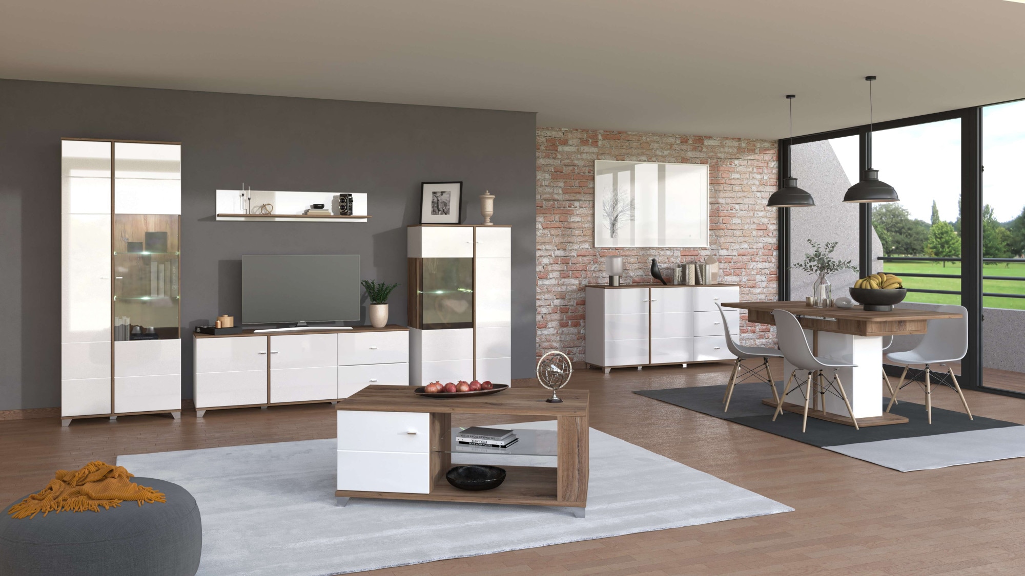INOSIGN Highboard »Burgundy Sideboard, Stauraumschrank, Anrichte, Hochschrank, B93cm« Hochglanzfronten und eine Innenausstattung in Flagstaff Eiche