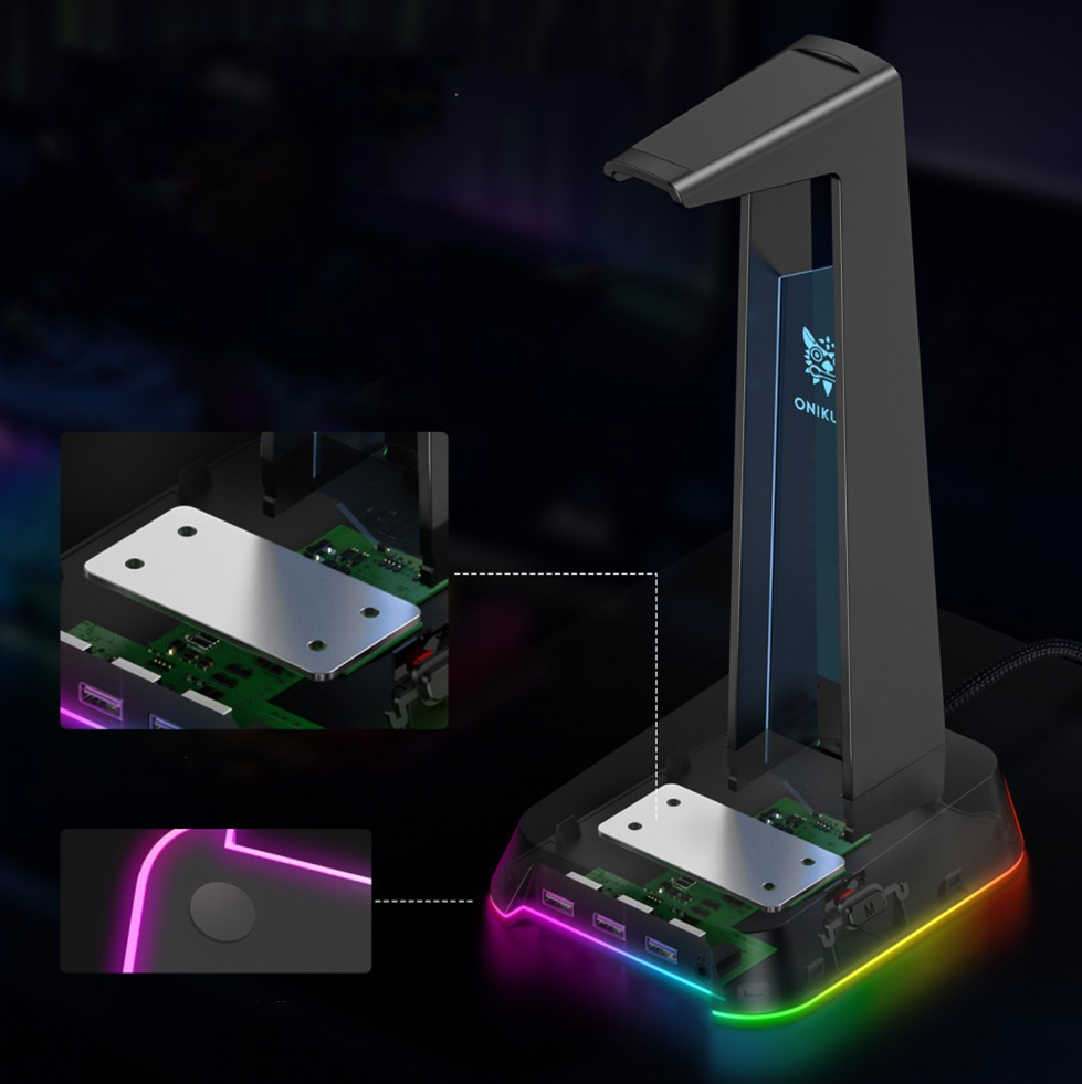Gaming Kopfhörer Halterung Ständer für Over-Ear Headset mit 3x USB A / 3.5mm Klinke Anschluss   RGB Beleuchtung - Schwarz
