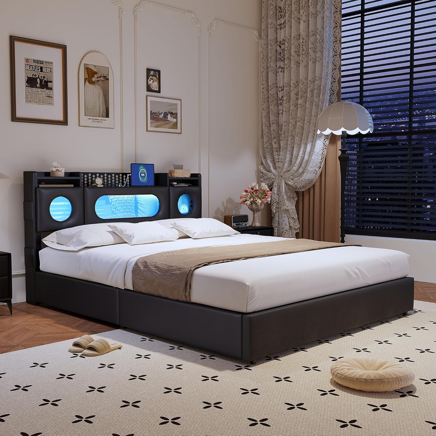Boxspringbett 140x200 mit Stauraum, Schwarz Polsterbett Jugendbett mit USB/Type-C & LED-Beleuchtung, Versteckter Kopfteil-Stauraum & Lattenrost, Hydraulisch Doppelbett für Schlafzimmer(Ohne Matratze)