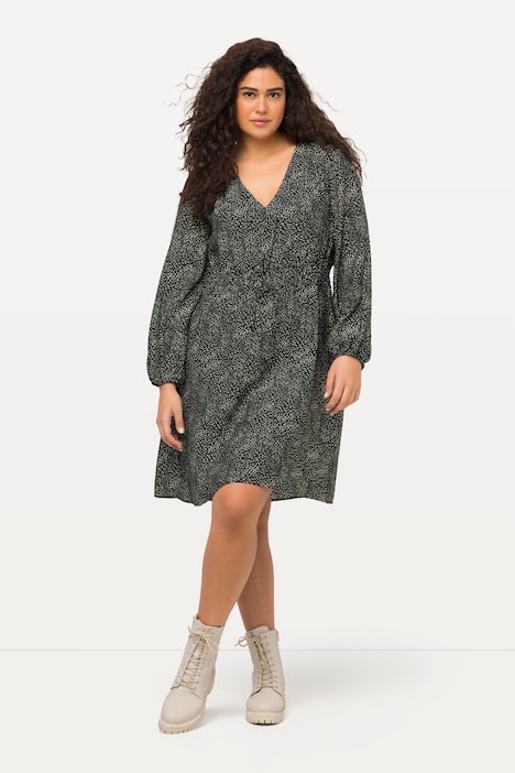 Midikleid, Punkte, A-Linie, V-Ausschnitt, Ballon-Langarm
