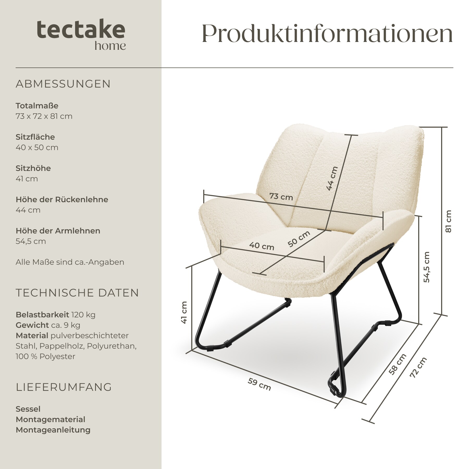 tectake® Sessel, gepolstert, mit Bouclé-Bezug, schlankes Stahlgestell mit Pulverbeschichtung, 73 x 72 x 81 cm