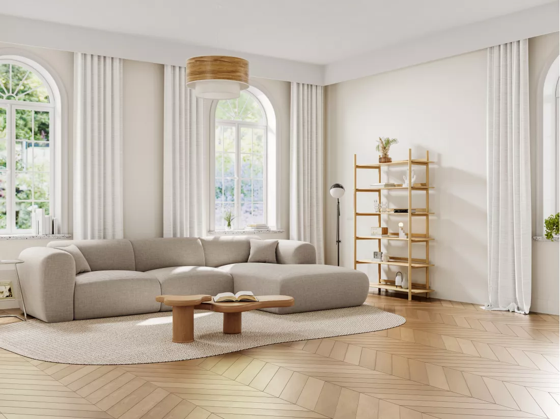Grand canapé d'angle droit en tissu chiné beige POGNI de Maison Céphy