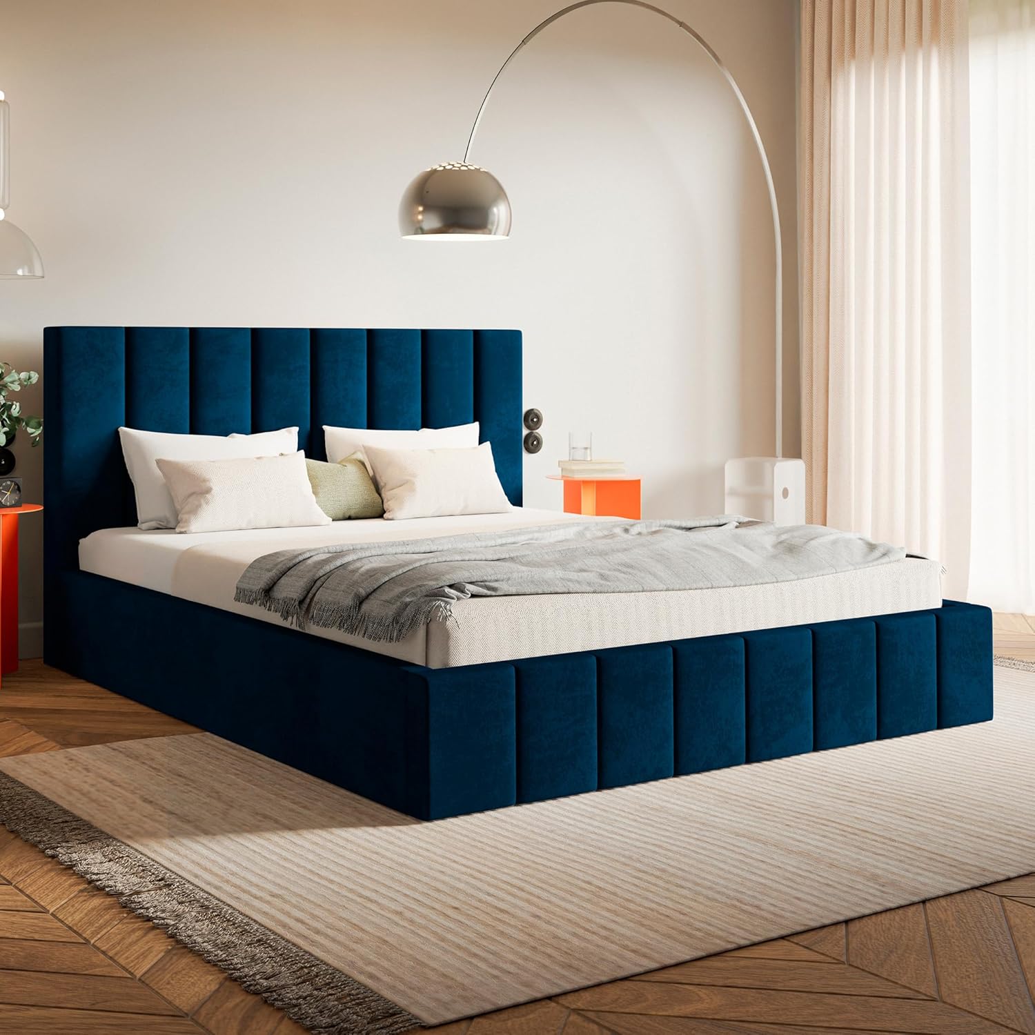 Ibiza Bett 120x200 Blau Samt, mit Stauraum, mit Kopfteil, mit Lattenrost, ohne Füße, ohne Matratze, Polsterbett 120x200 mit Bettkasten Blau (Dunkelblau)
