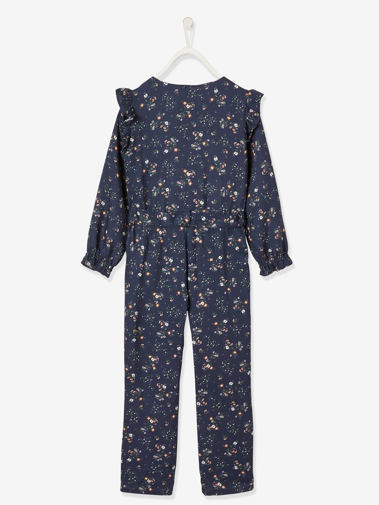 Macacão azul escuro com estampa floral para meninas