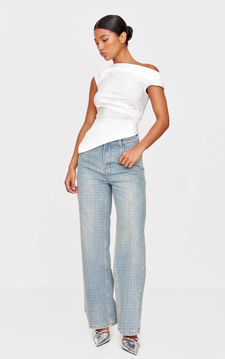 Vintage Light Wash Jean Droit Gris À Strass Sur Le Devant