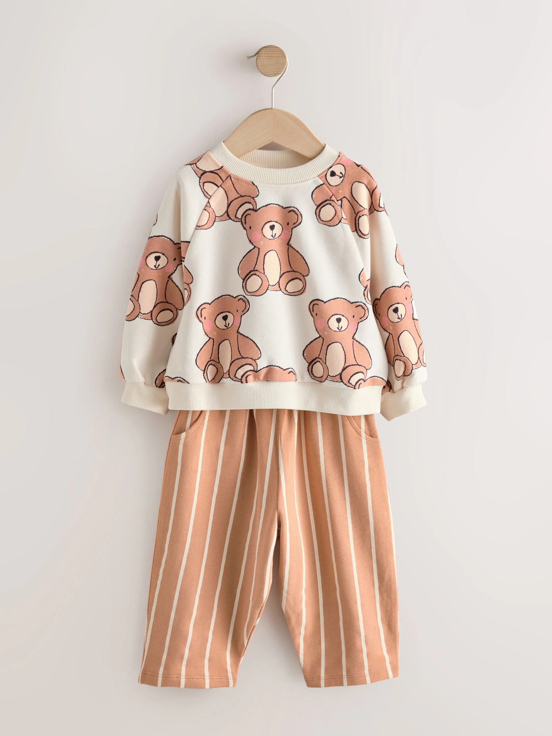 Bruine, neutrale teddybeer - Set van sweatshirt en joggingbroek met rechte wijde pijpen (3mnd -7jr)