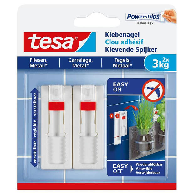 Tesa Klevende Spijker voor Tegels en Metaal, verstelbaar, draagvermogen 3 kg, blister van 2 stuks