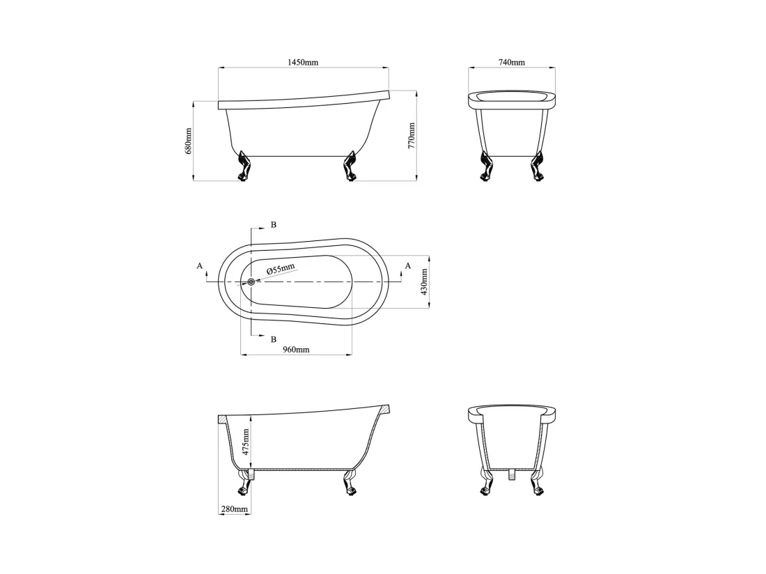 Baignoire îlot rétro avec pieds de lion argentés - 200 L - 145 x 74 x 77 cm - Blanche - NISOS II