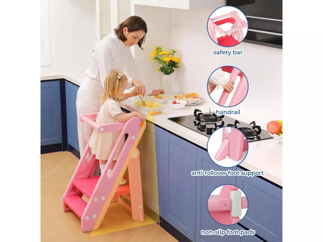Onasti Chaise Haute Bébé HDPE,Tour d'Apprentissage 18 mois-6 ans Hauteur Réglable,Repose-pieds Antidérapants,Pliable,Sécurité - Rose