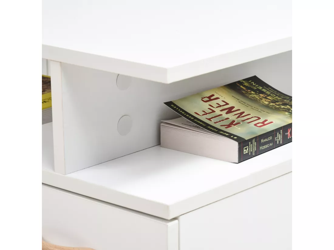 Table basse rectangulaire design scandinave 100L x 50l x 40H cm niche + tiroir & placard bois massif pin panneaux particules blanc